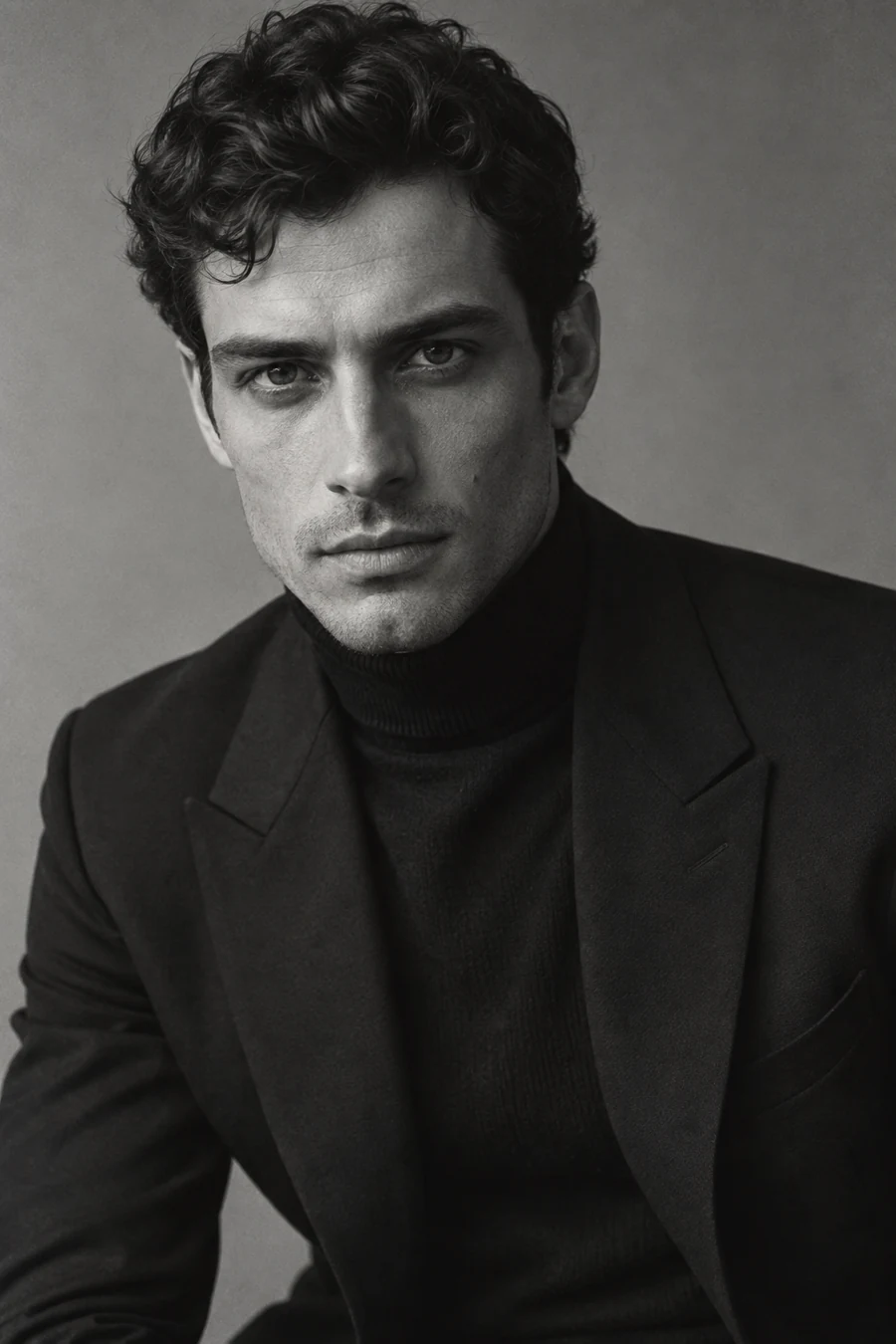 Monochrome editorial portrait of Elias in a tailored black jacket