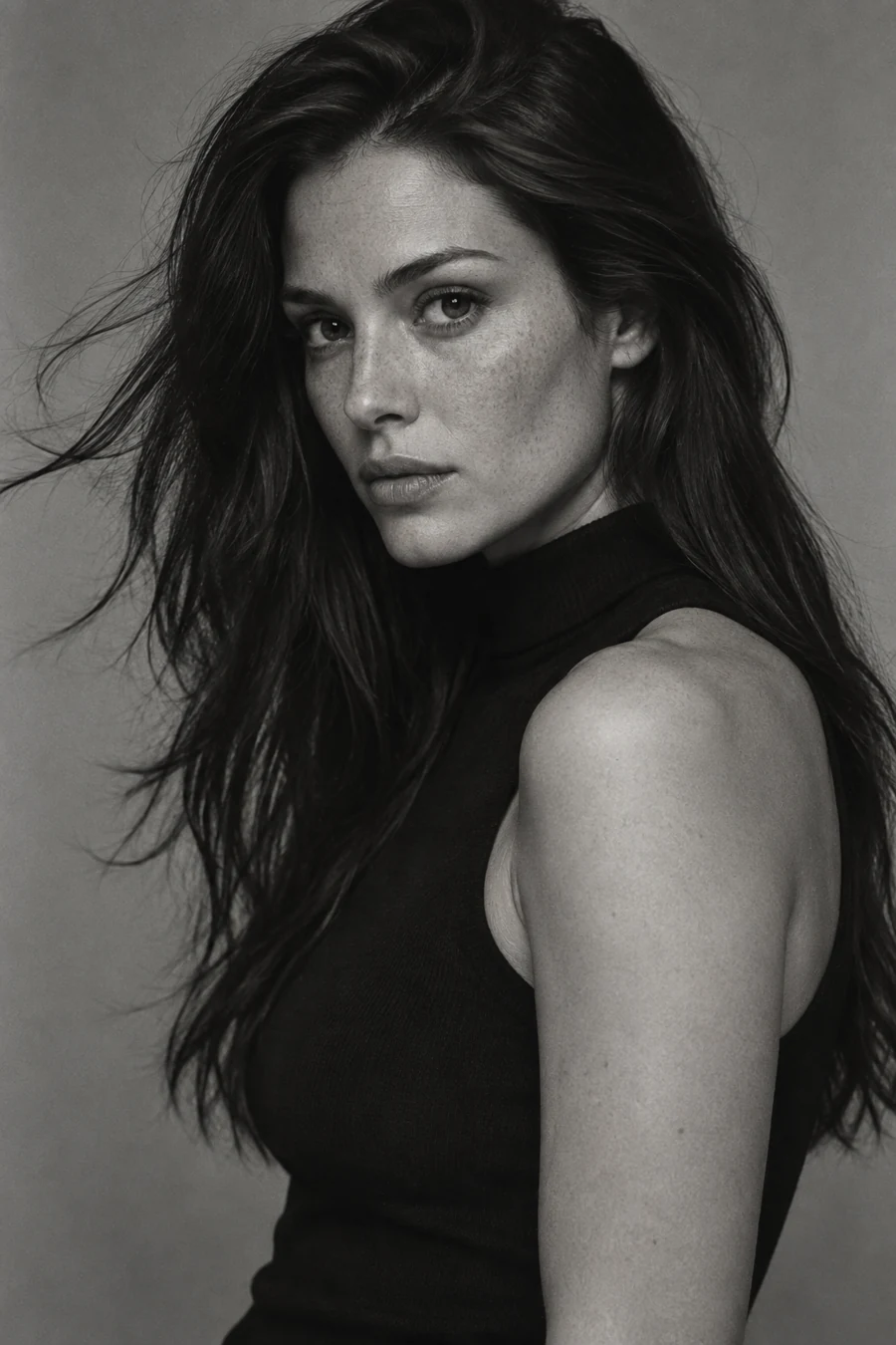 Monochrome editorial portrait of Freya with long dark hair and freckles