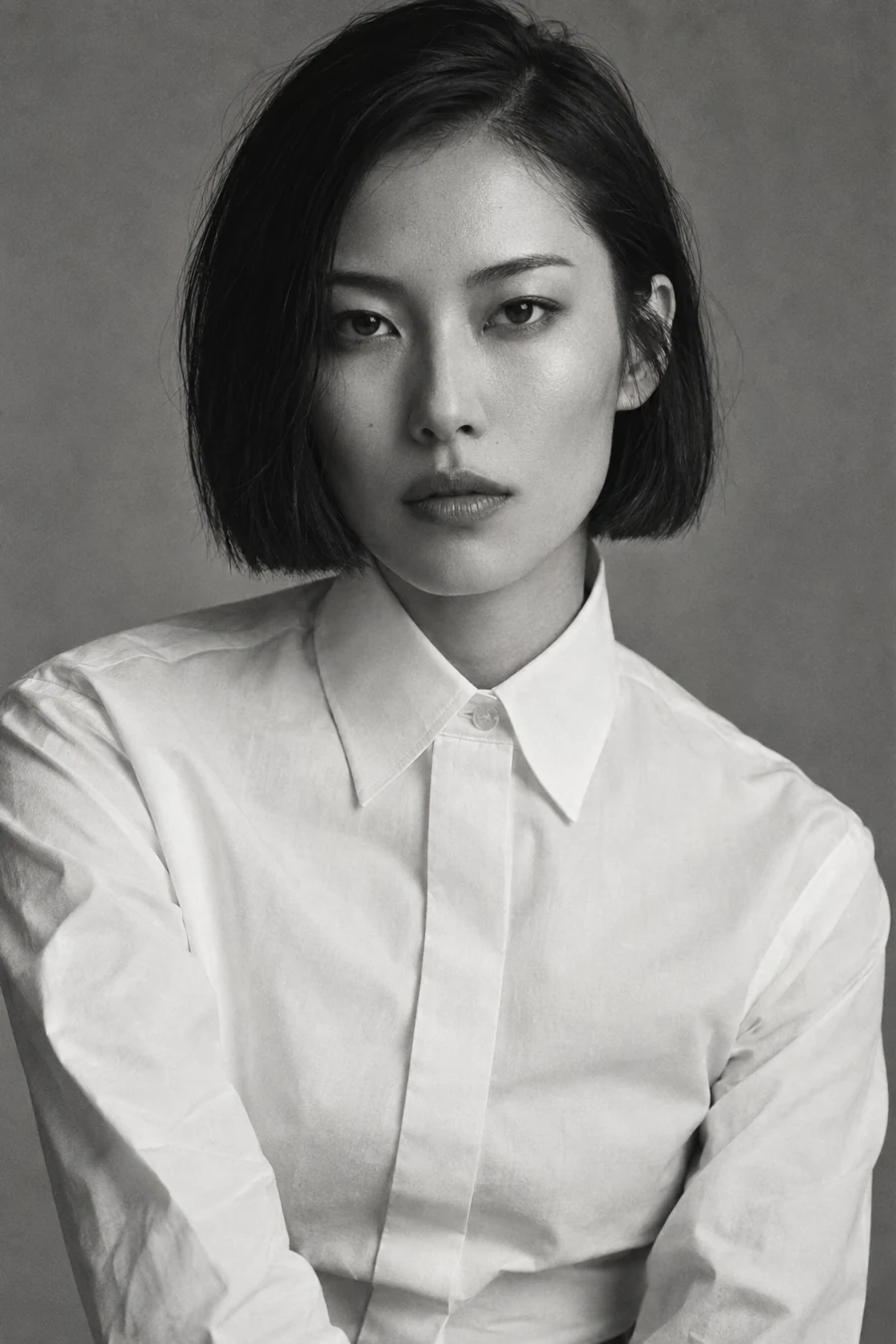 Monochrome editorial portrait of Ren with a sharp bob and a white shirt