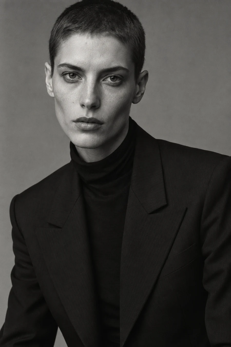 Monochrome editorial portrait of Sasha with cropped hair and a black suit