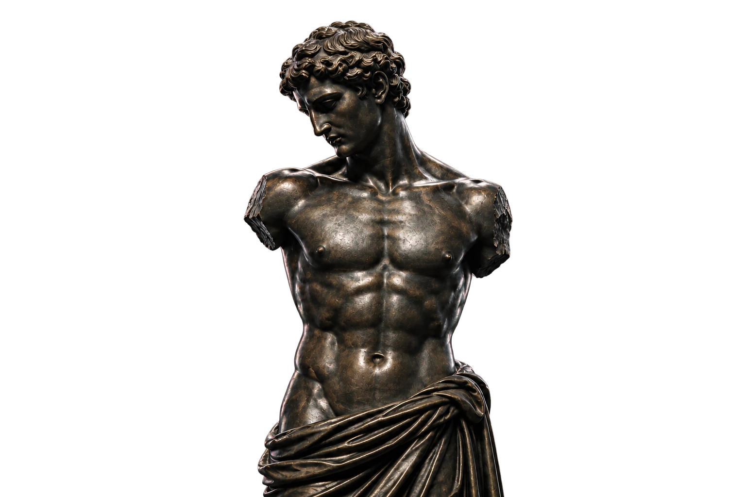 Dark classical sculpture in front of a bright circular ivory halo